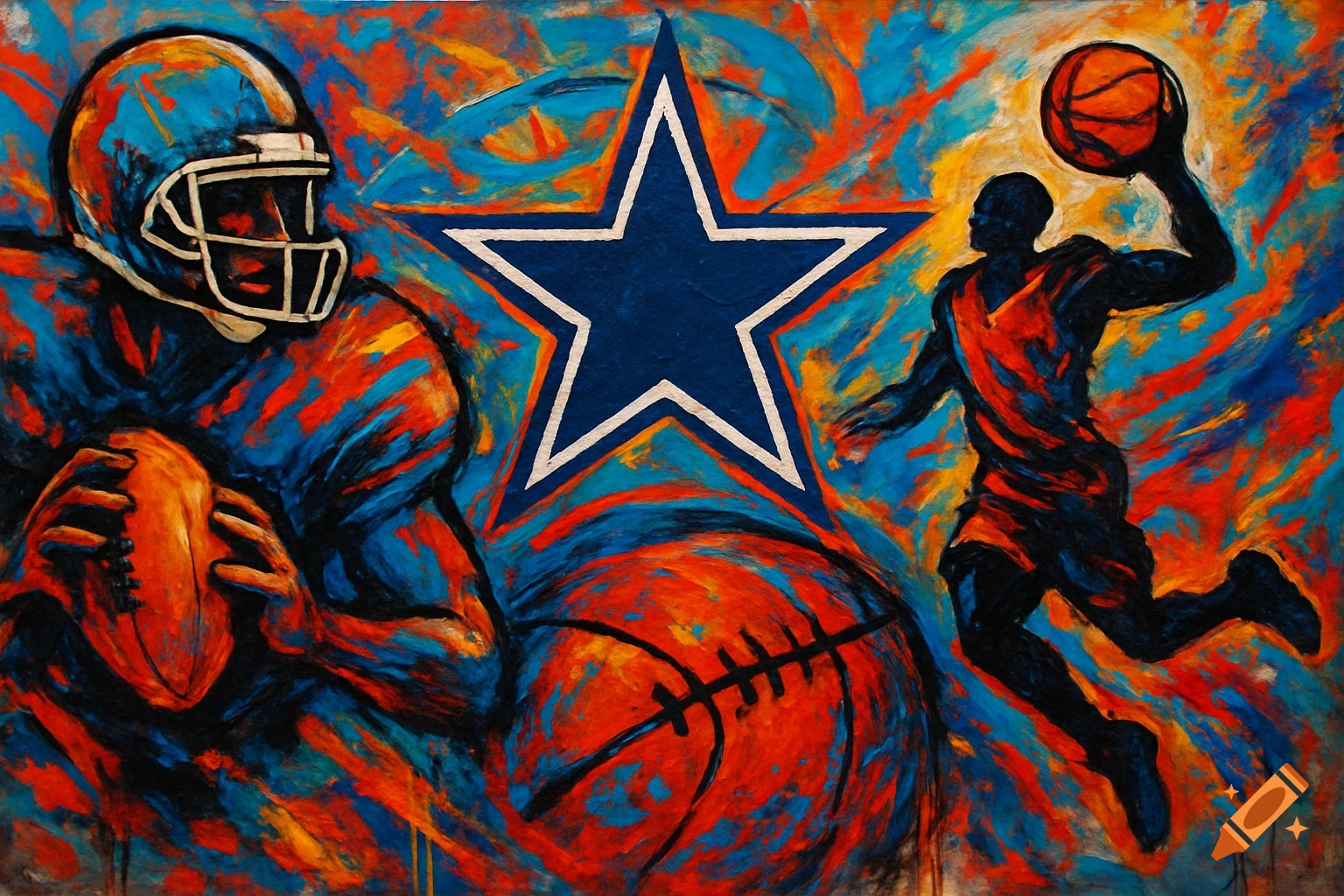 A vibrant, abstract painting depicting a football player, a basketball player dunking, and a large blue star logo.