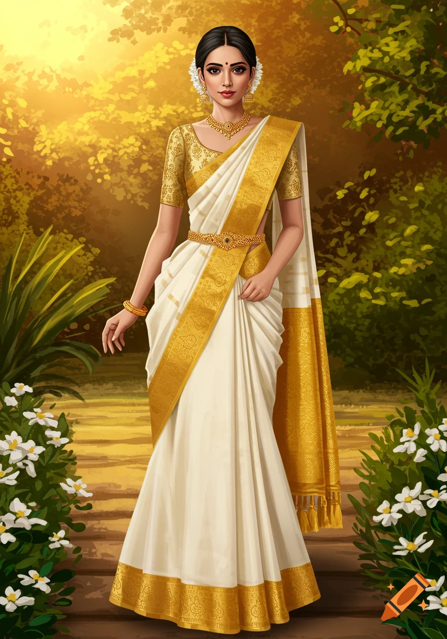 Digital painting of a woman in a white and gold Kerala kasavu saree, adorned with jewelry and flowers, standing in a lush, sunlit garden.