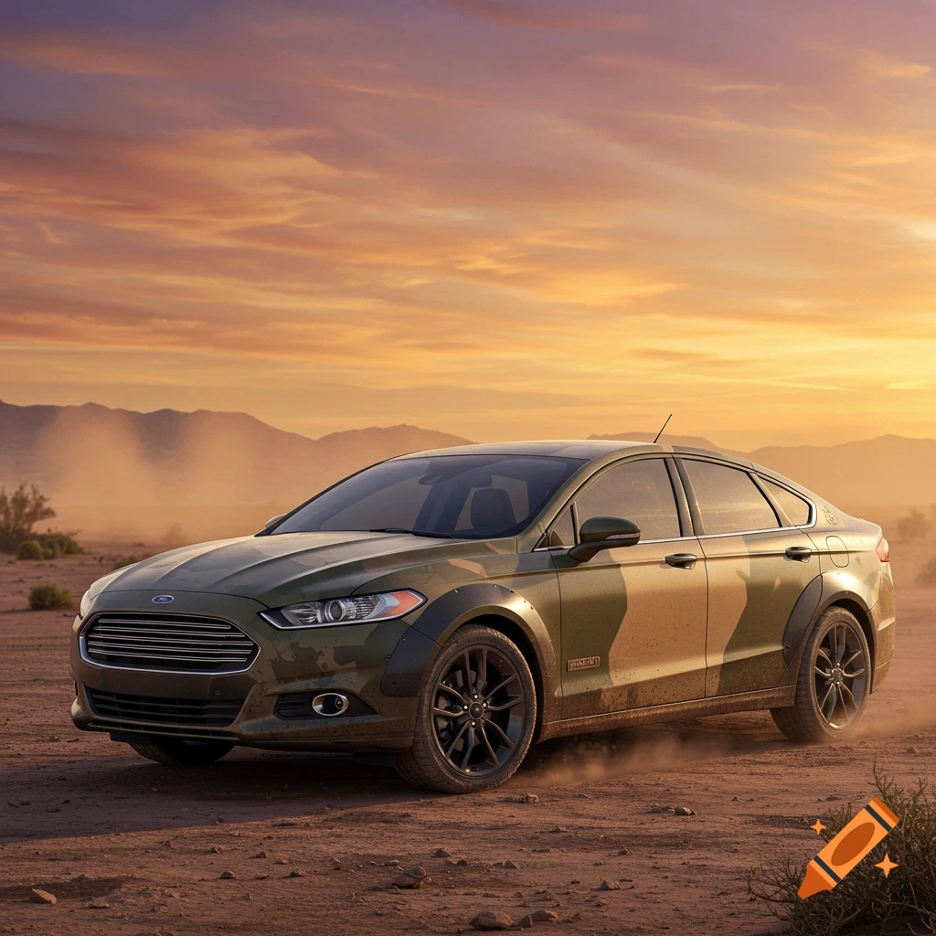 A photorealistic image of a Ford Fusion car with a camouflage army paint job, parked on a dirt road in a desert landscape at sunset.