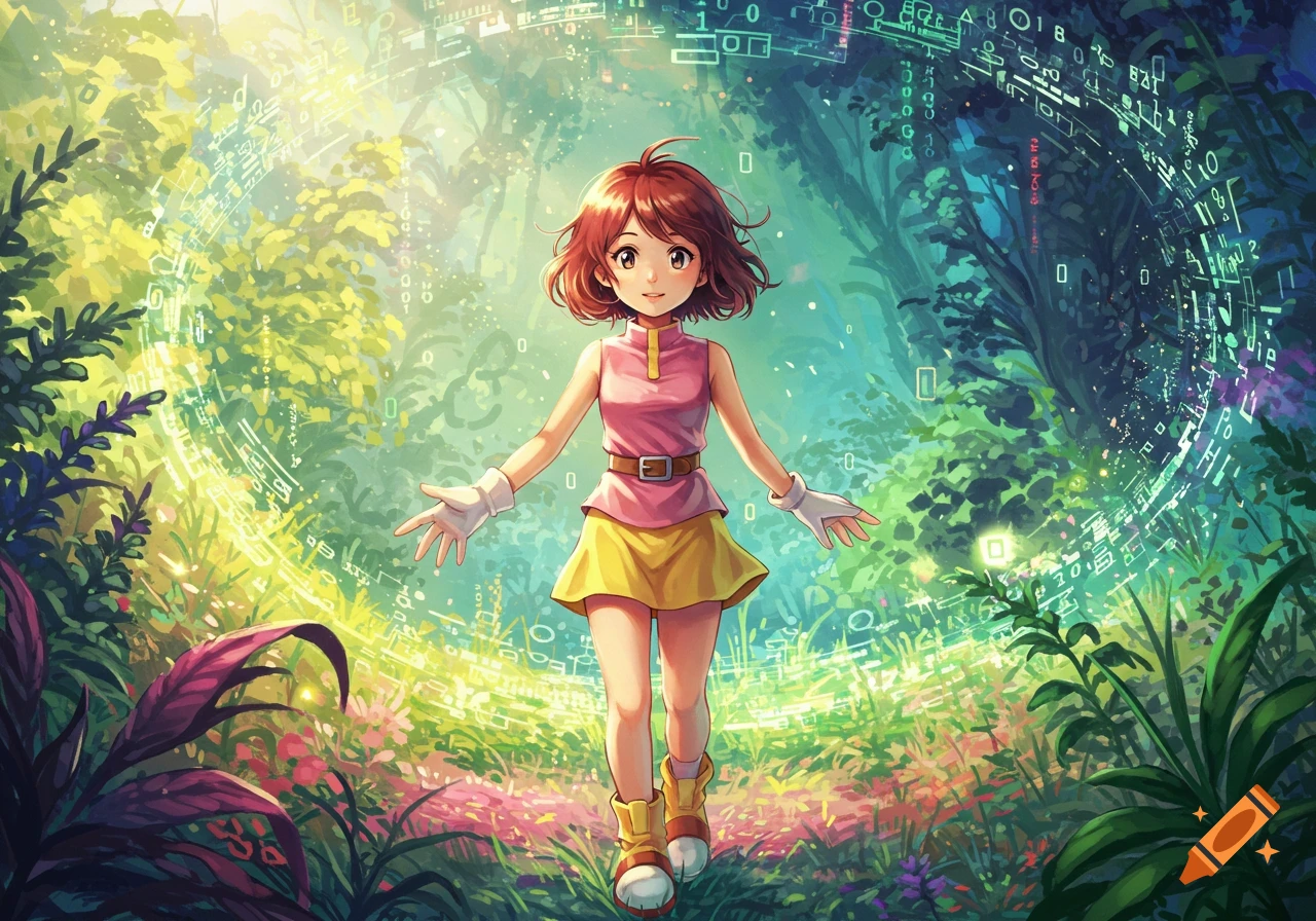 An anime girl with brown hair, pink top, yellow skirt, and white gloves stands in a lush digital forest with glowing binary code and symbols forming an ethereal ring around her.