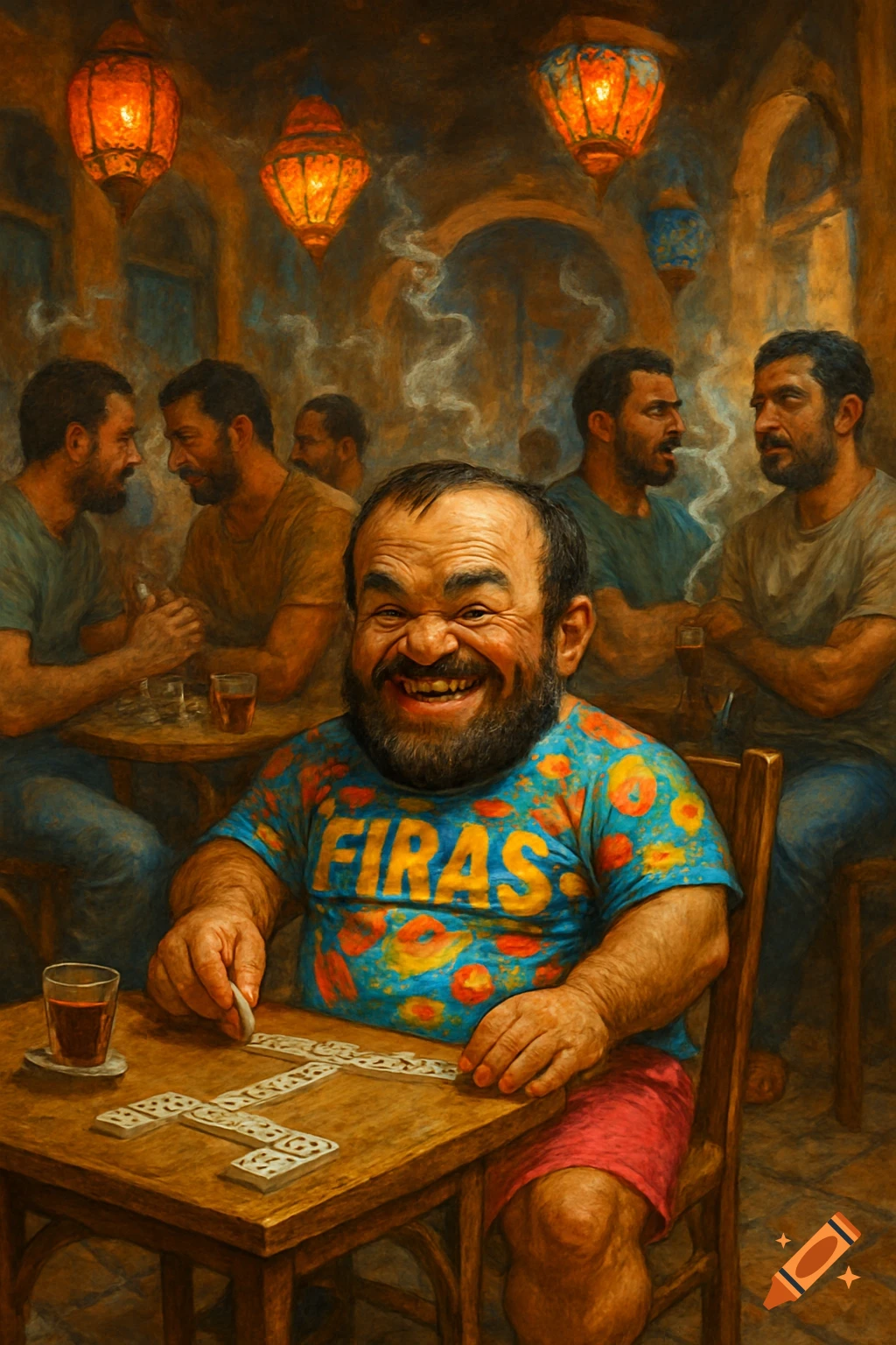 A jovial Middle Eastern man with a beard, wearing a colorful 'FIRAS' t-shirt, plays dominoes in a warmly lit, painterly coffee shop with other men.