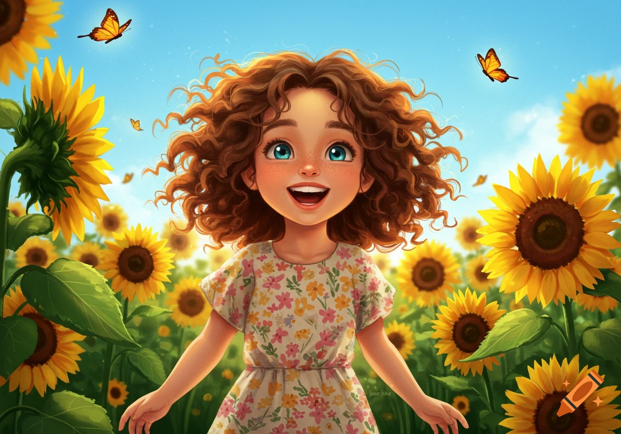 A cute, curly-haired cartoon girl with blue eyes smiles joyfully in a sunny sunflower field with butterflies.