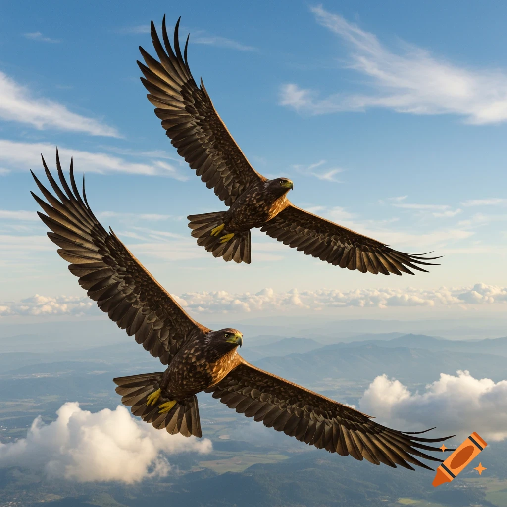 Two majestic eagles with outstretched wings soar high in a clear blue sky above a mountainous landscape, photorealistic.