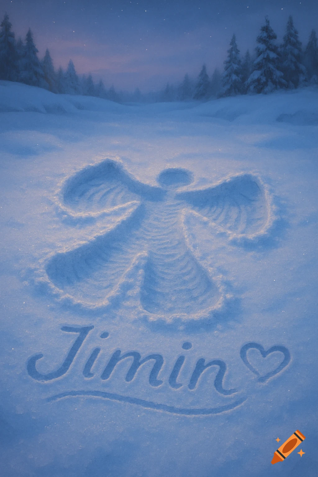 A snow angel and the name 'Jimin' with a heart written in fresh snow, set in a peaceful, moonlit winter forest.
