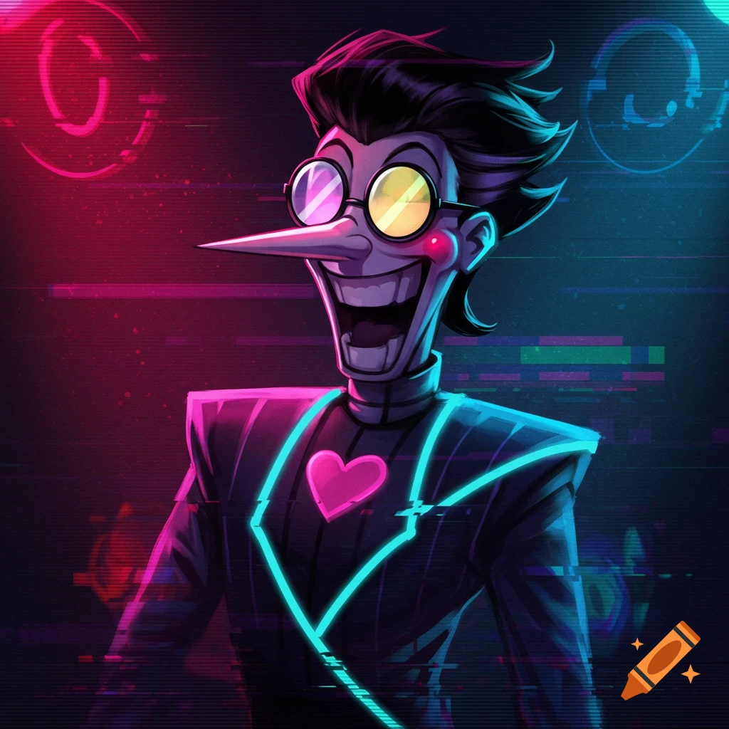Spamton from Deltarune grins widely in a dark suit with glowing neon lines and a pink heart, against a glitchy neon background.