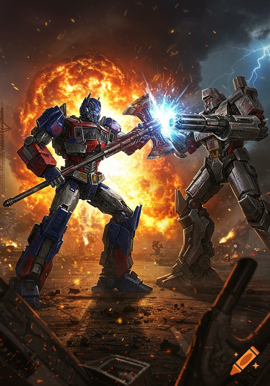 Optimus Prime and Megatron battle with weapons amidst a huge explosion and lightning in a detailed sci-fi illustration.