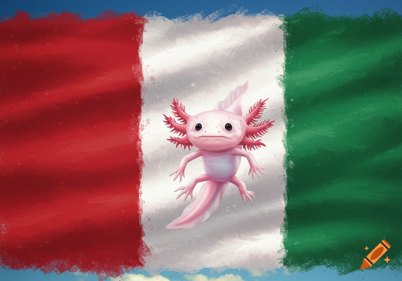 A cute pink axolotl illustration against a painted Mexican flag background.