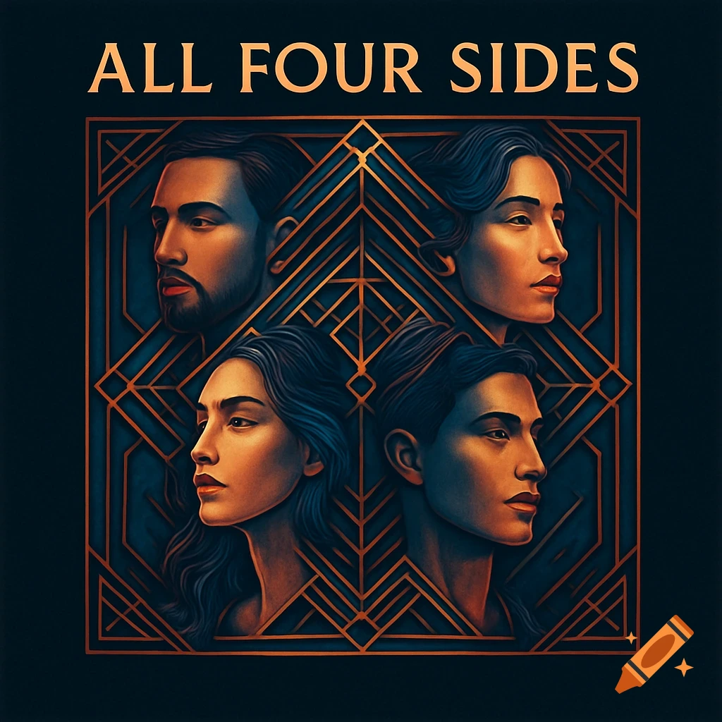 Album cover with 'ALL FOUR SIDES' text, featuring two male and two female faces in an Art Deco geometric design.