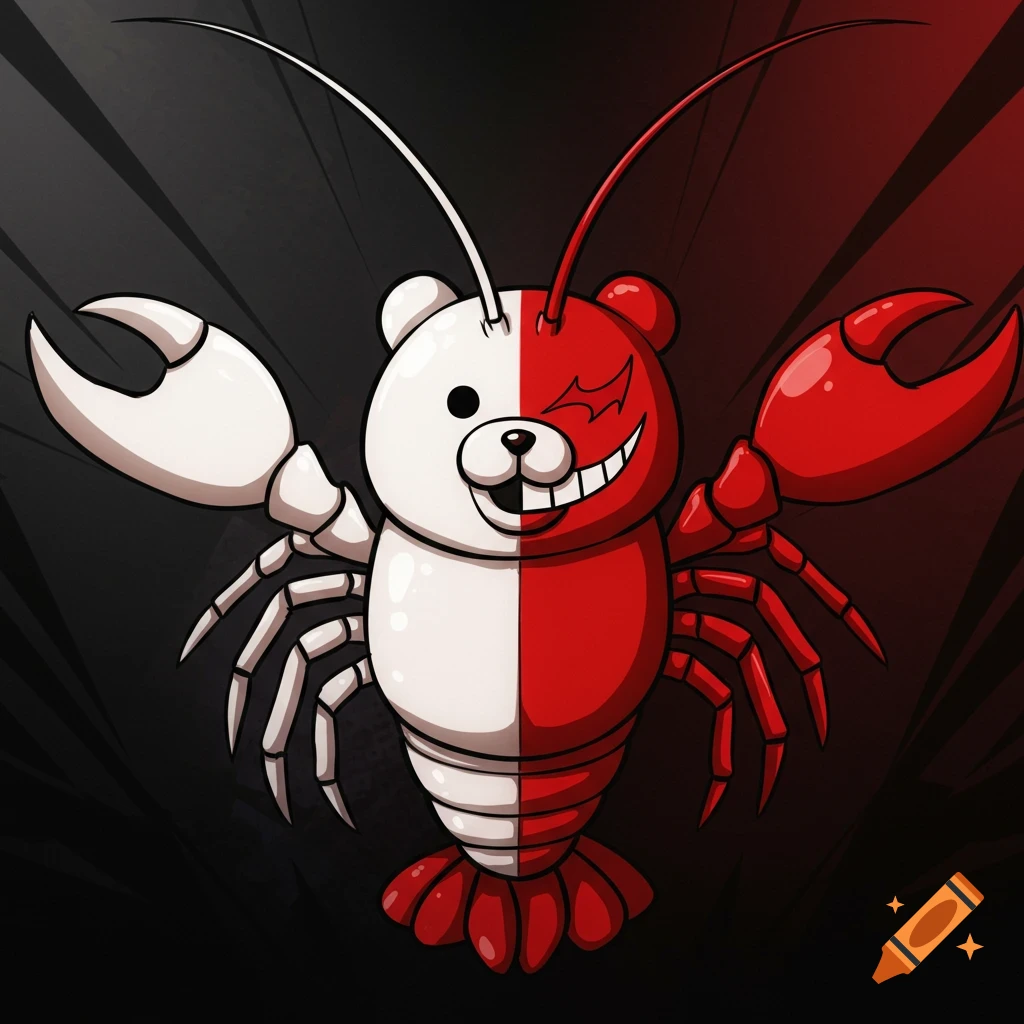 A Monokuma lobster hybrid, split white on the left and red on the right, drawn in the Danganronpa anime style.