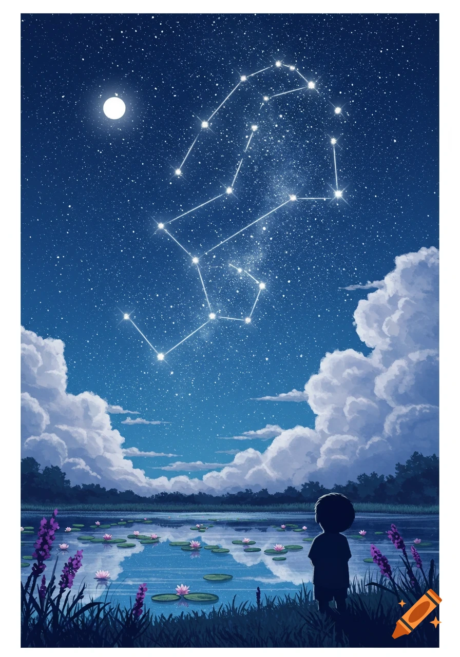 A stylized illustration of a child at a lake's edge, gazing at a star-filled night sky with a prominent constellation.