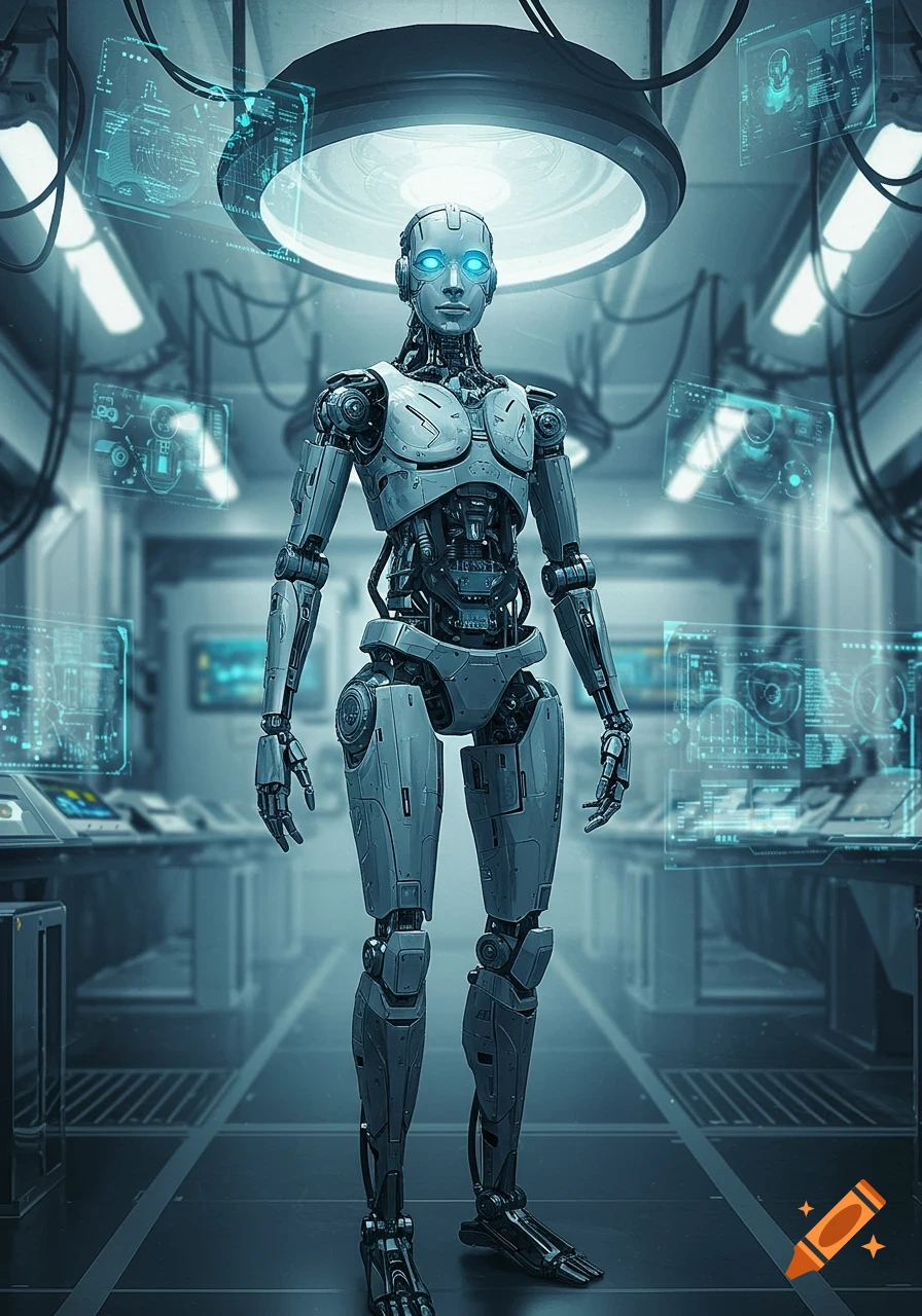 A detailed, photorealistic robot stands in a futuristic laboratory surrounded by glowing holographic screens.