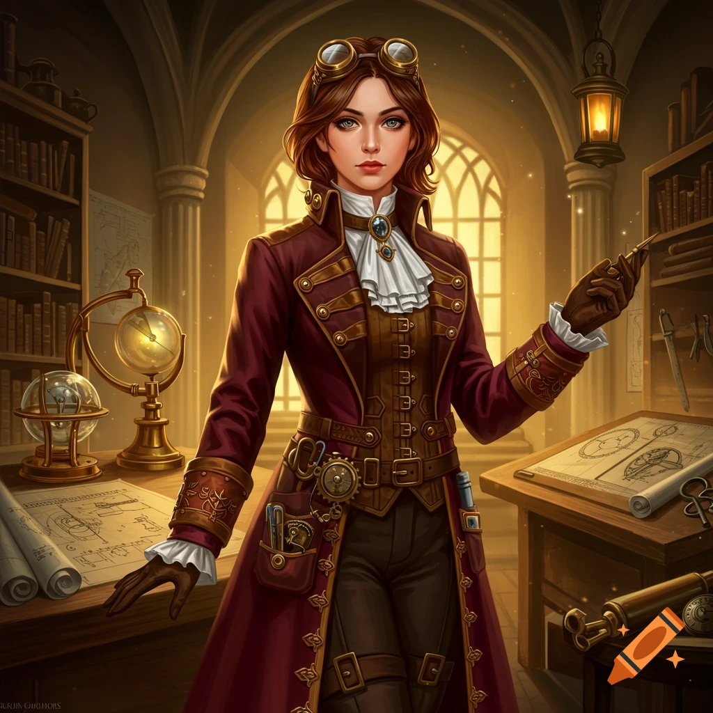 A steampunk inventor in a red coat and goggles stands in an old study with scientific instruments.