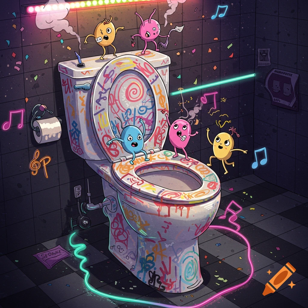 Five colorful, cute cartoon characters with various limbs dance on and around a graffiti-covered toilet in a dark, neon-lit bathroom filled with music notes and confetti.