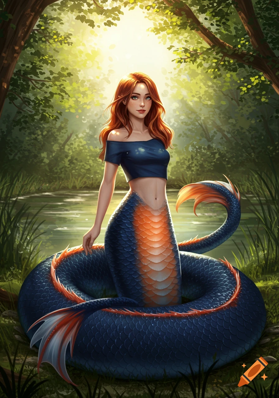 A beautiful auburn-haired naga in a blue crop top with a navy and orange snake tail stands by a sunlit forest stream. Digital art.