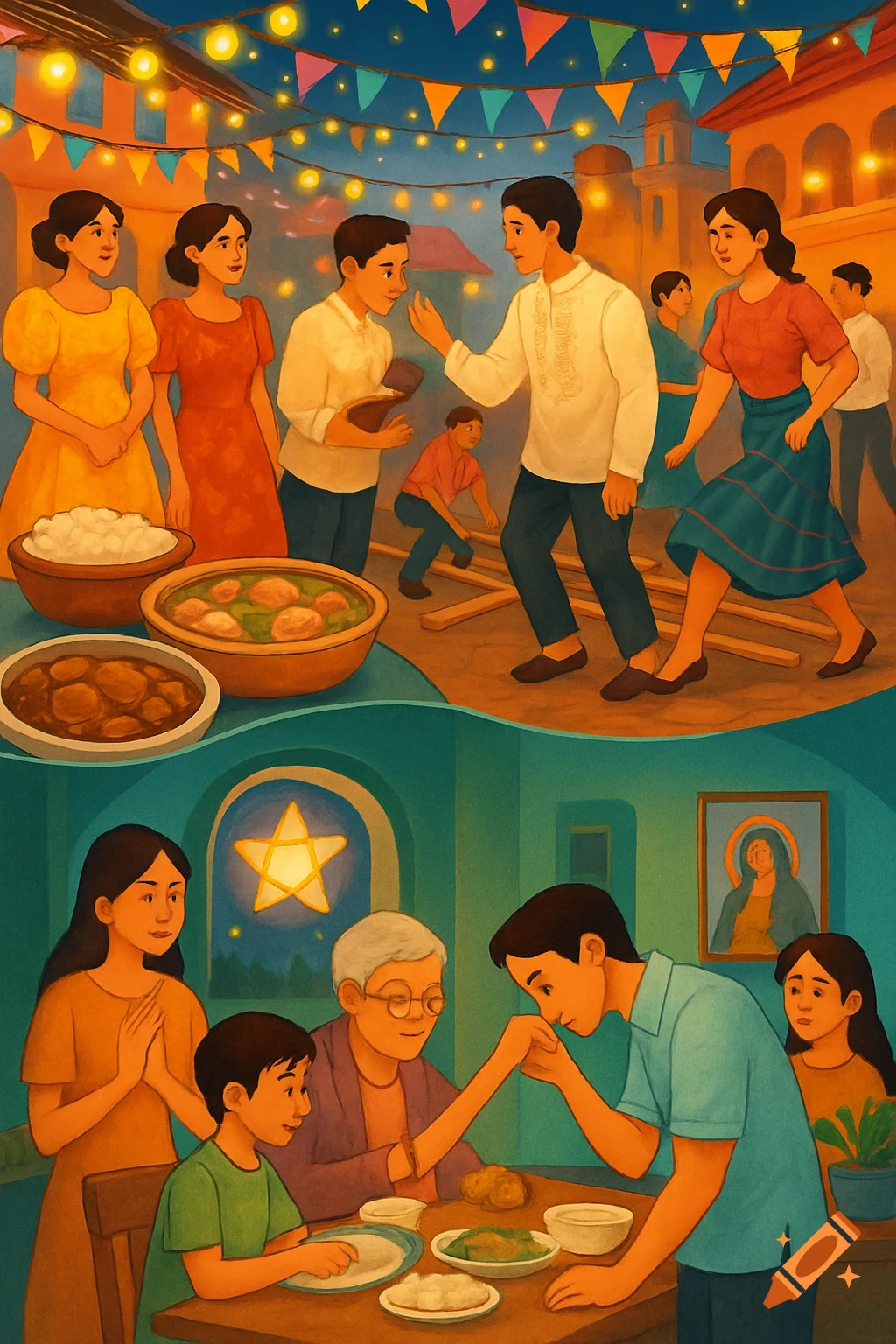 Vibrant illustration of Filipino culture: an outdoor festival with food and people, and an indoor family dinner with a "mano" gesture.