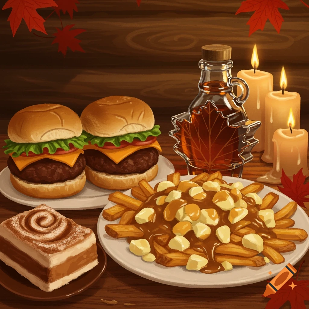 Illustration of Canadian food: poutine, cheeseburgers, cinnamon dessert, maple syrup, and lit candles on a wooden table with autumn leaves.