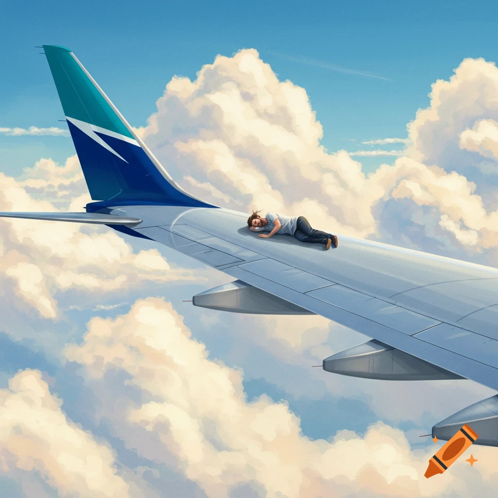 A person sleeps peacefully on the wing of a large passenger plane flying through a blue sky with white clouds, in a digital art style.