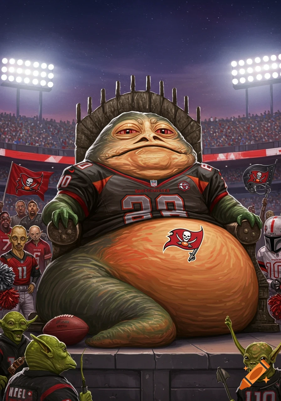 Jabba the Hutt in a black Tampa Bay Buccaneers jersey sits on a throne in a crowded football stadium, surrounded by Star Wars characters and fans.