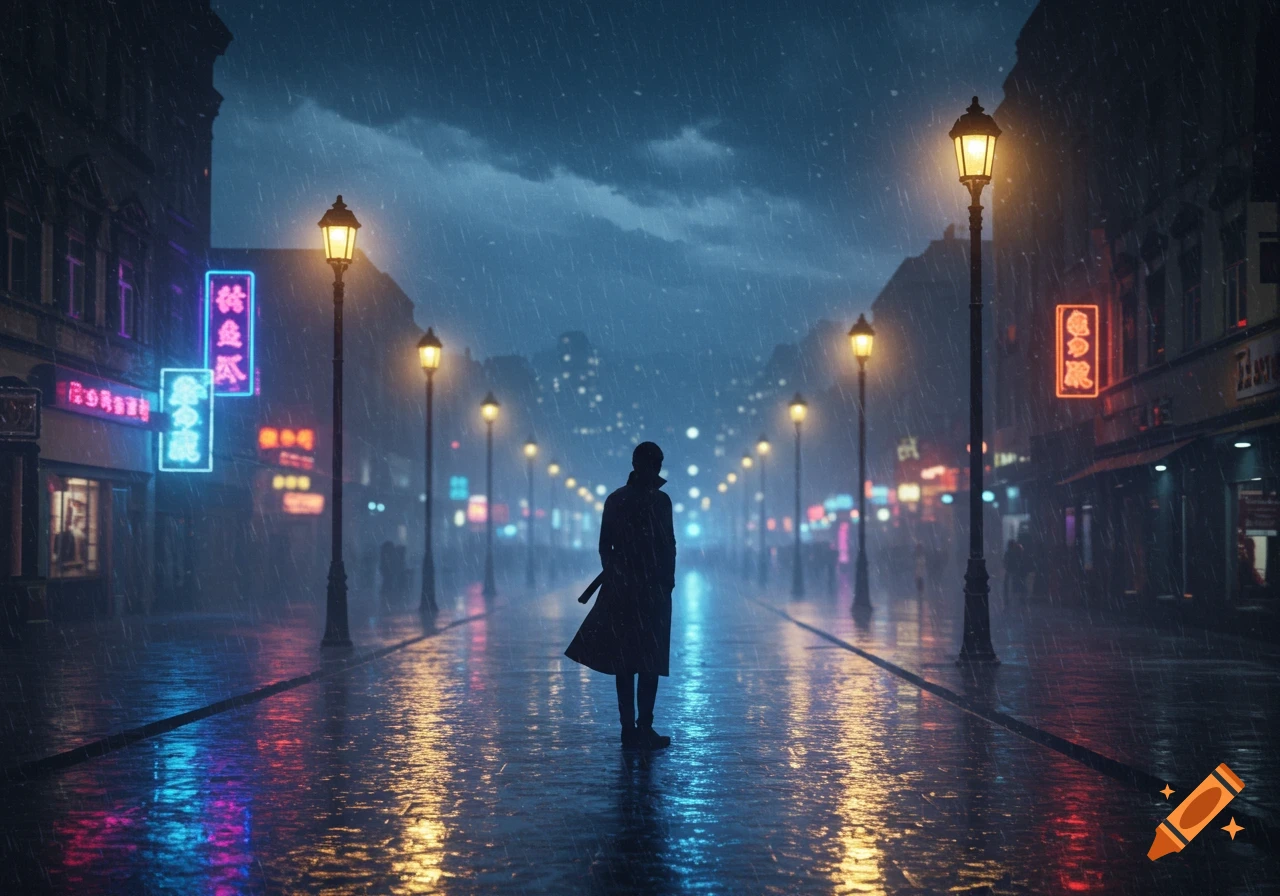 A lone figure in a trench coat stands on a rainy city street at night, with neon lights reflecting on the wet pavement.