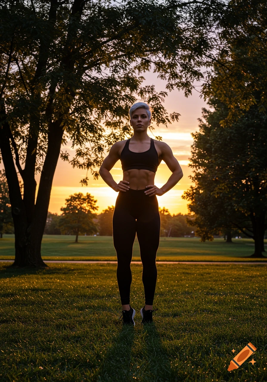 Photorealistic portrait of a muscular woman in black athletic wear standing in a park at sunset.