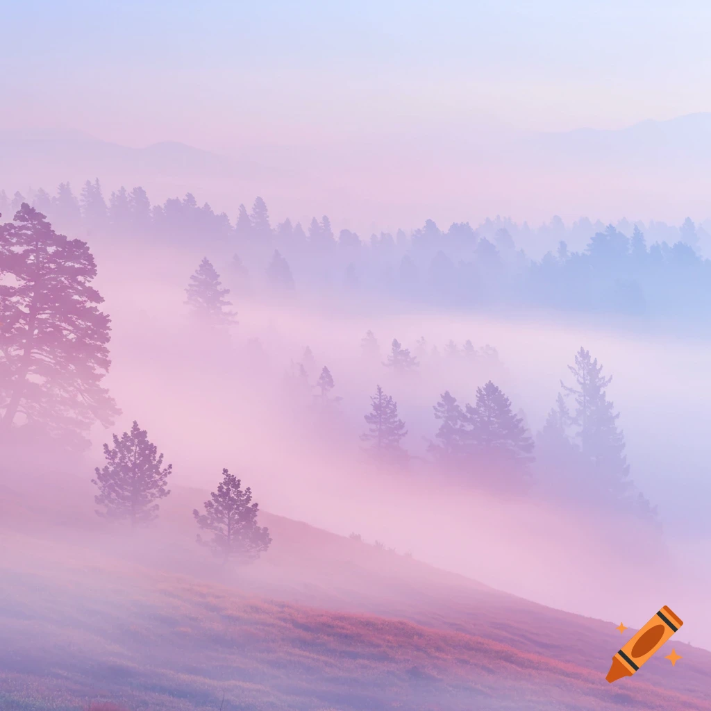 A serene, ethereal landscape of a foggy forest, with silhouetted trees emerging from a thick purple and blue mist.