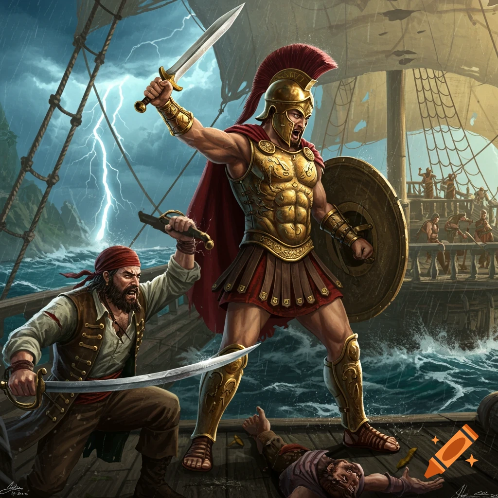 A powerful Trojan warrior in golden armor battles a pirate on a storm-tossed ship, a lightning bolt illuminates the turbulent sea.