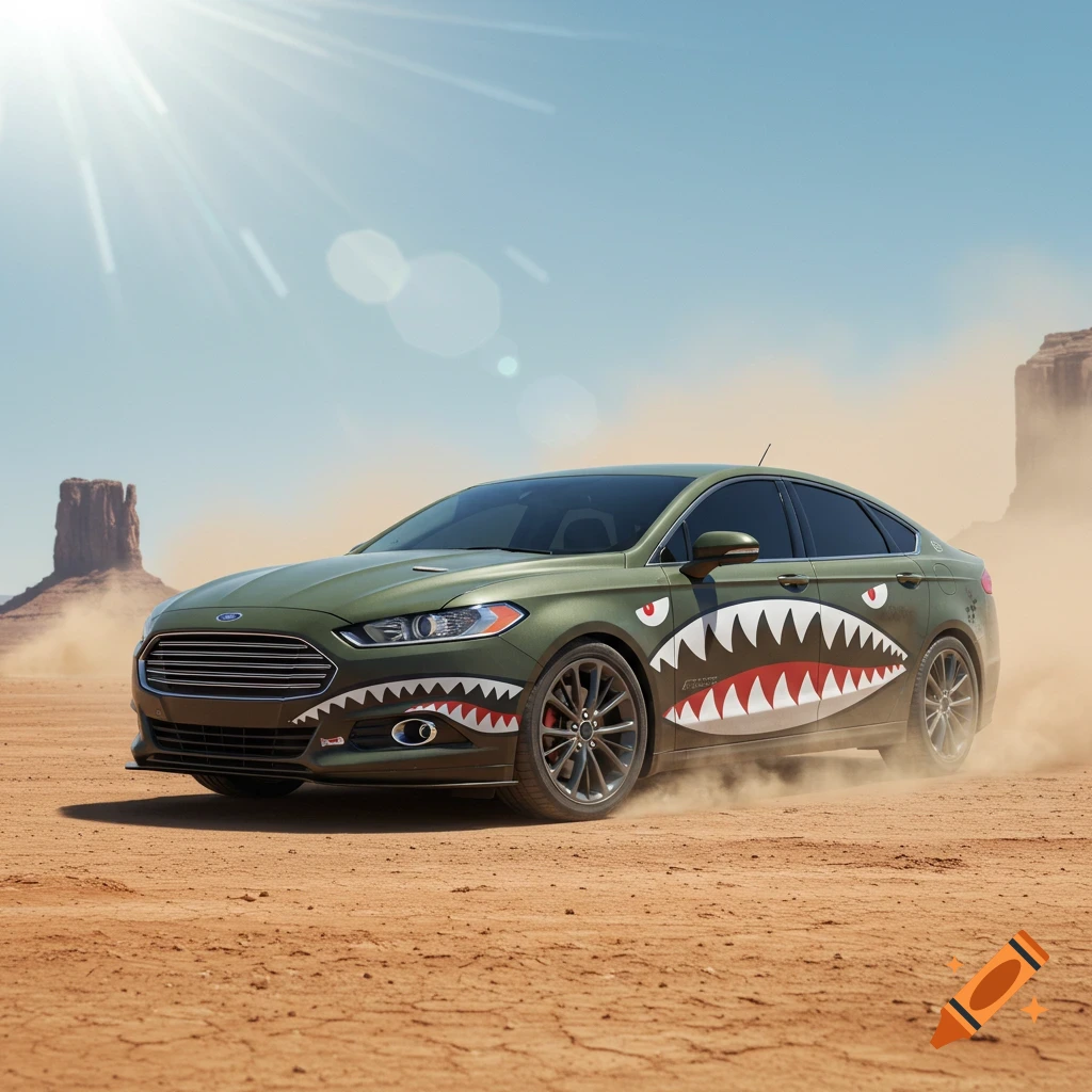 A green Ford Fusion car with army shark teeth paint drives through a dusty desert landscape under a sunny sky.