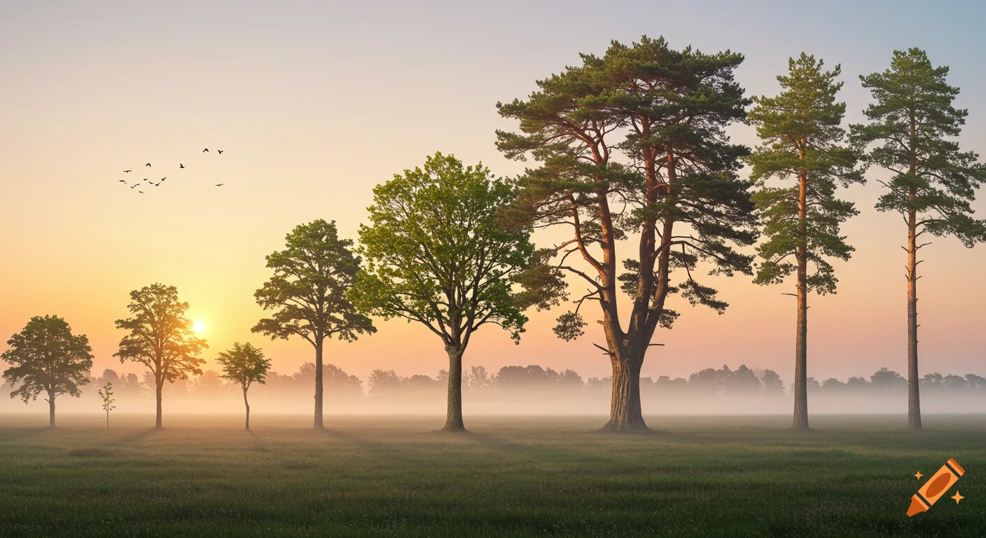 A row of trees of varying sizes in a misty field at sunrise, with birds flying in the orange sky.