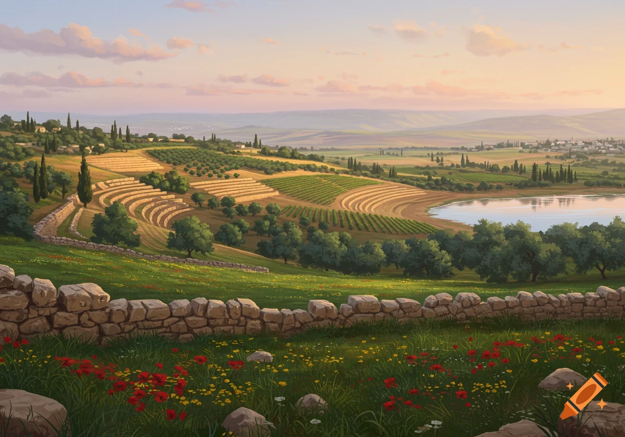 Vibrant illustration of a rolling landscape with terraced fields, green hills, a lake, and a stone wall under a soft sky.