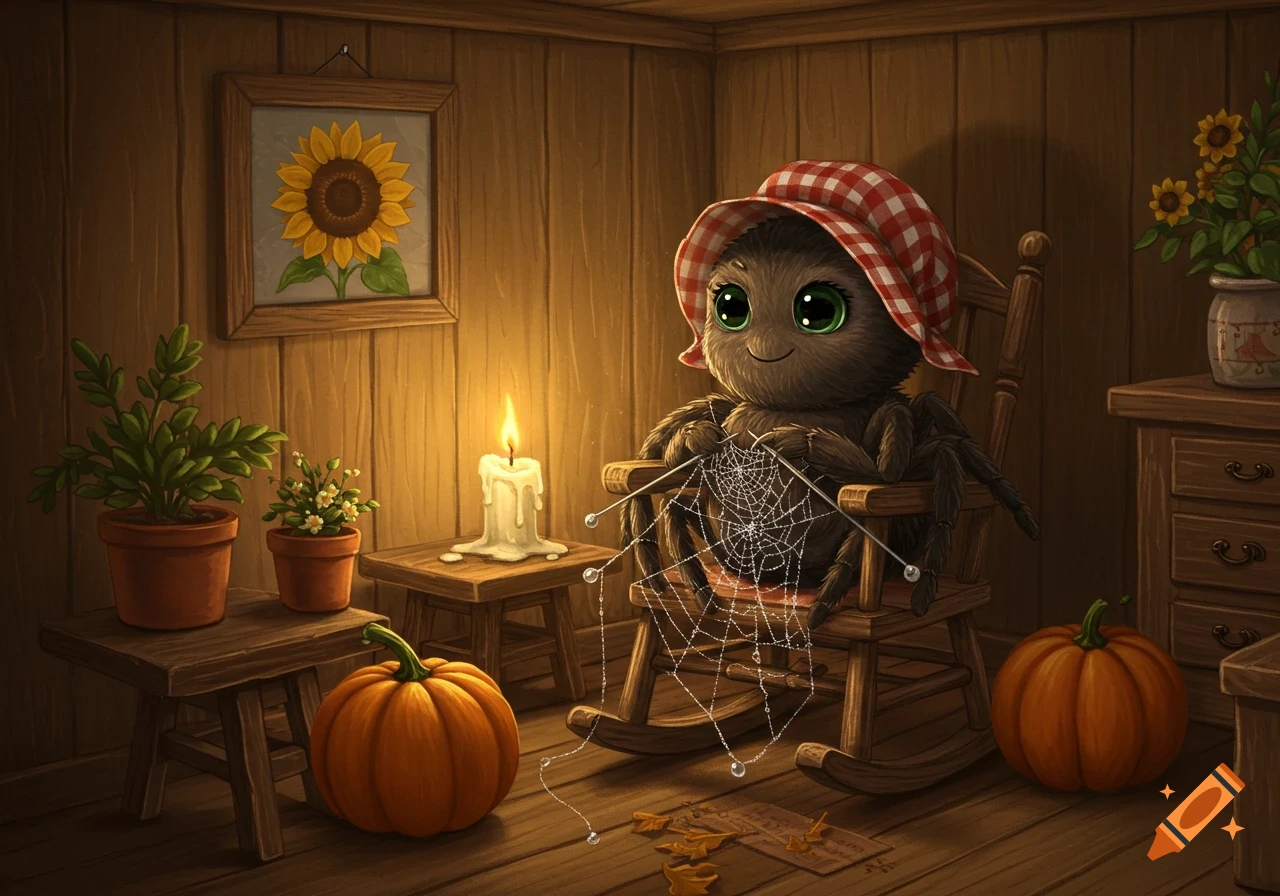 A cute cartoon spider in a red checkered bonnet sits in a rocking chair, knitting a web in a cozy, dimly lit room with pumpkins and plants.