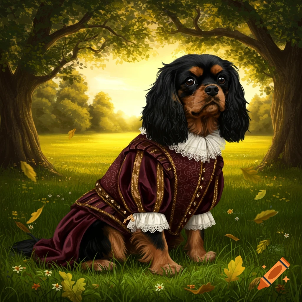 A black and brown Cavalier King Charles Spaniel in a red renaissance gown with a white lace collar, sitting in a sunlit grassy field.