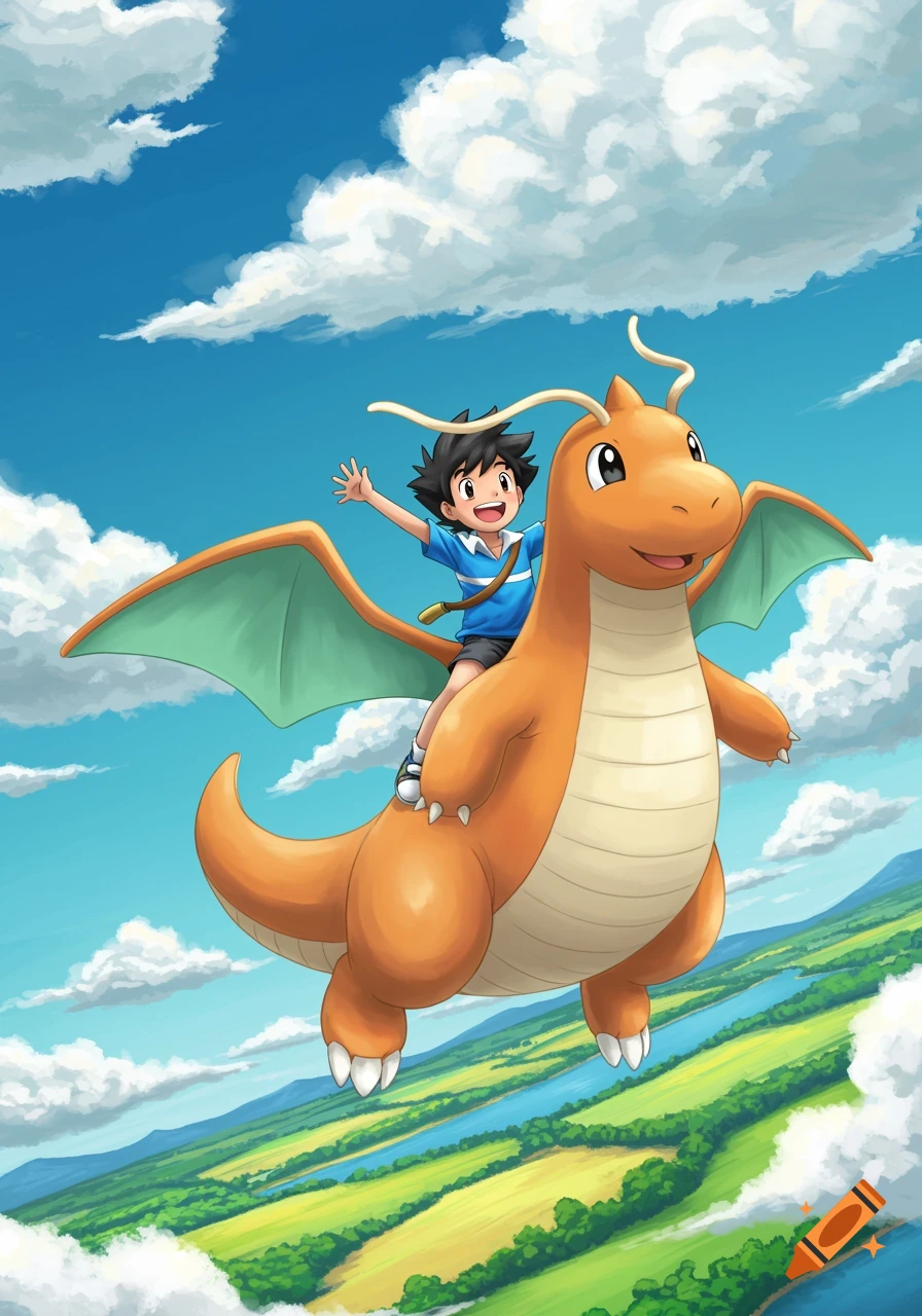 Ash Ketchum happily rides his Dragonite through a bright blue sky over a green landscape.
