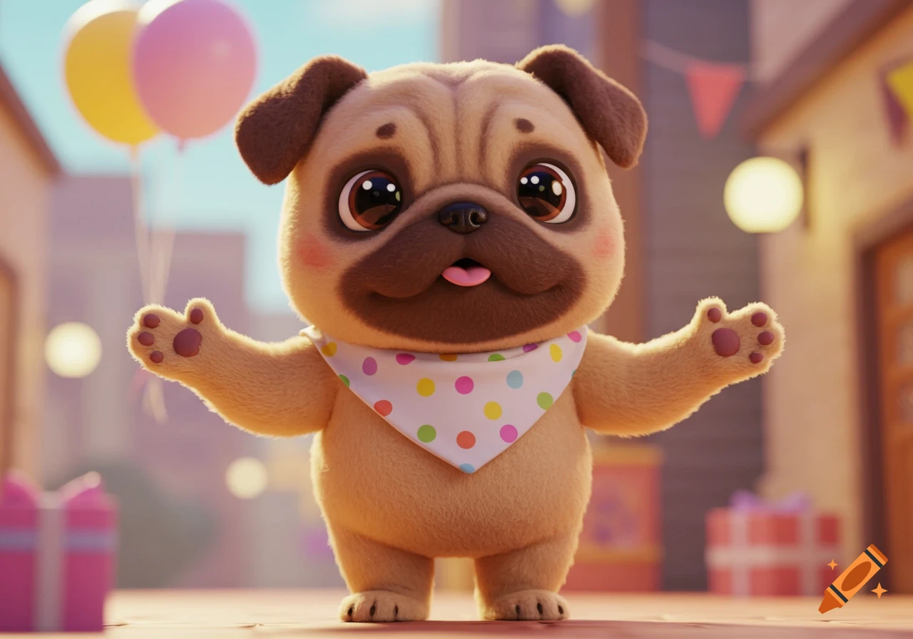 A cute 3D cartoon pug with wide eyes and a polka-dot bandana stands with arms open in a festive street.
