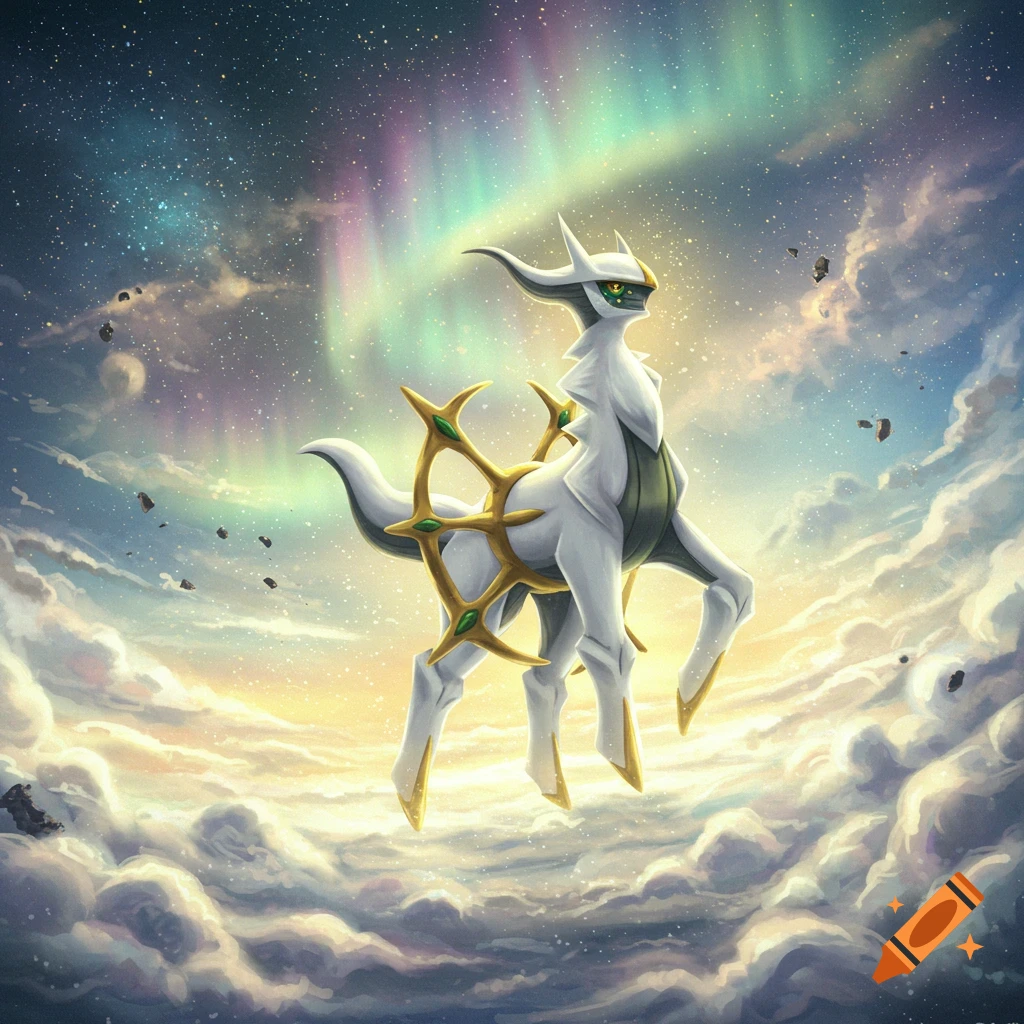 The Pokémon Arceus floats majestically amidst clouds under a vibrant, aurora-filled night sky with stars and space debris.