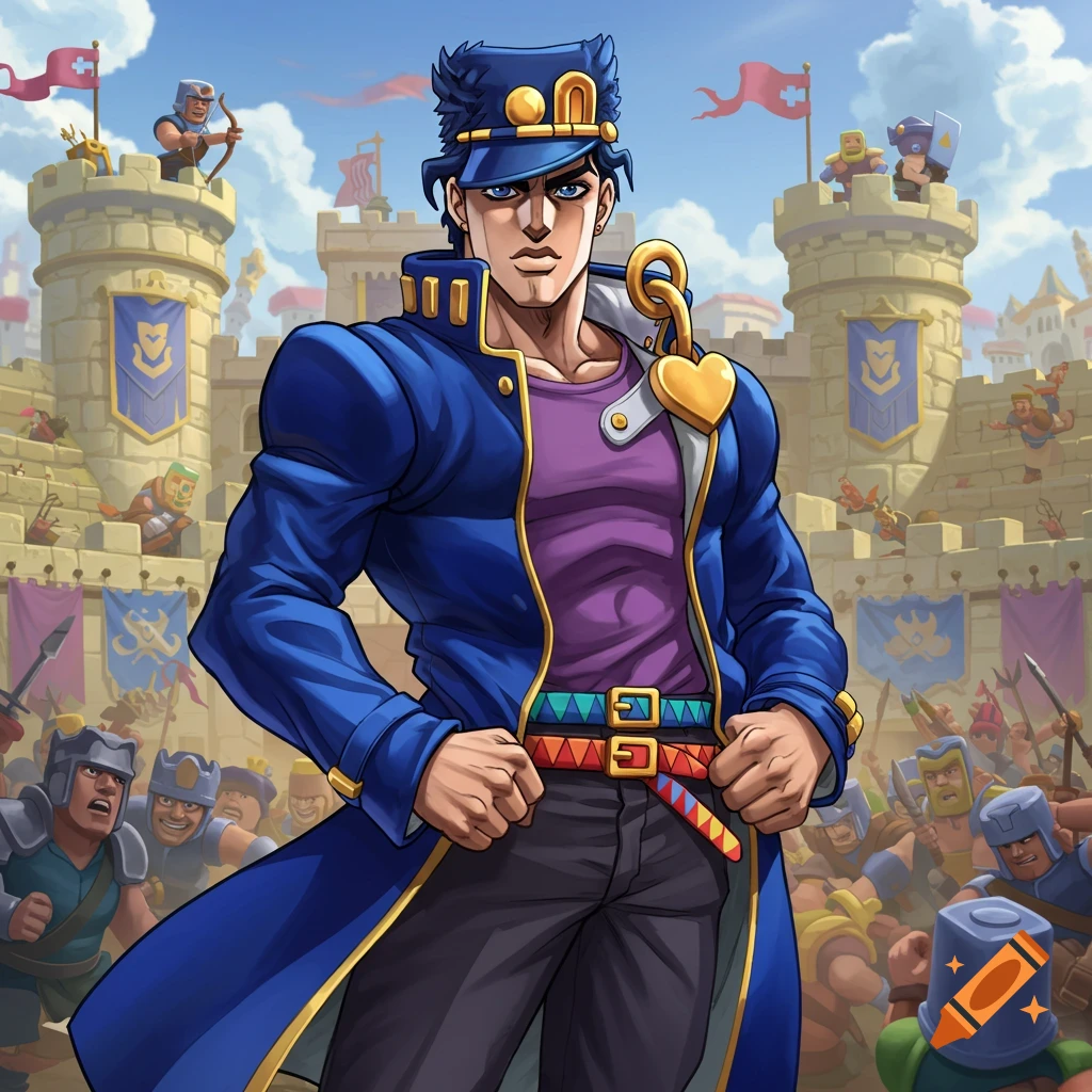 Jotaro Kujo stands confidently in front of a castle under attack by cartoonish soldiers, in the style of Clash Royale.