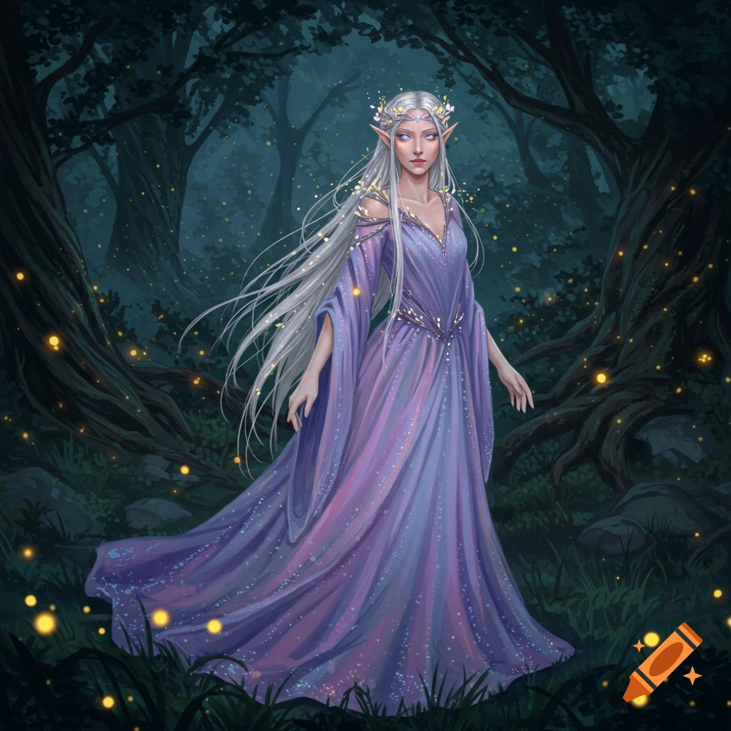 An ethereal elf maiden with long white hair and a purple dress stands in a dark, enchanted forest illuminated by glowing lights.