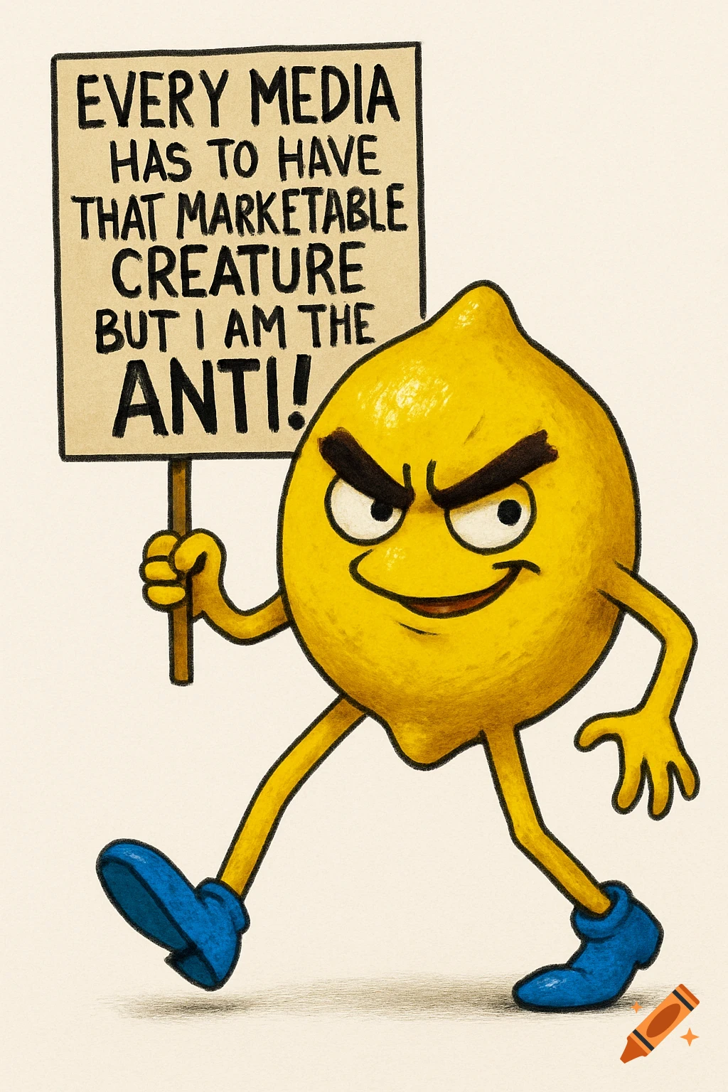 An angry cartoon lemon with mischievous eyebrows and a smirk walks forward, holding a protest sign that reads "EVERY MEDIA HAS TO HAVE THAT MARKETABLE CREATURE BUT I AM THE ANTI!"