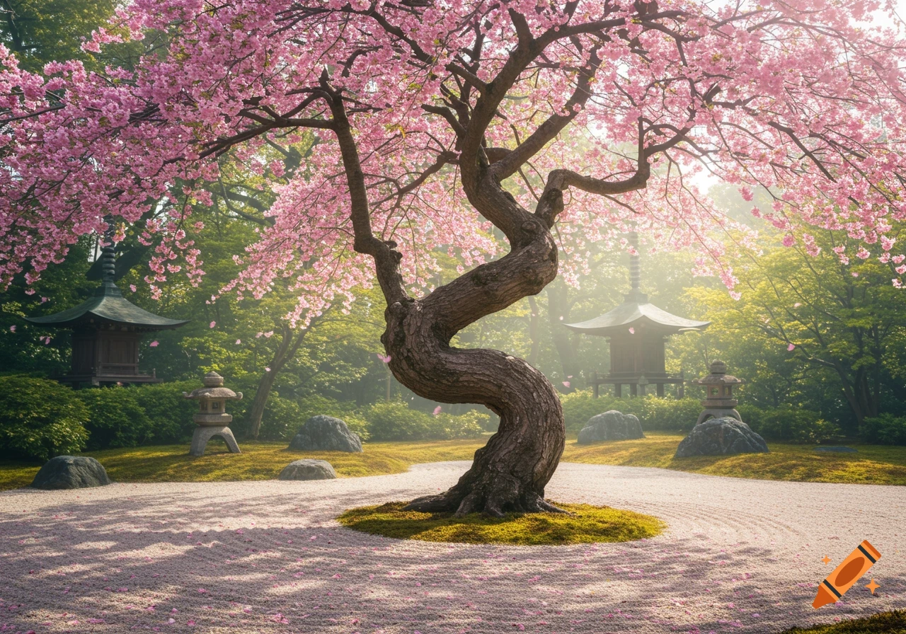 A vibrant cherry blossom tree with pink flowers in a serene Japanese garden, featuring a pagoda and stone lanterns at sunrise.