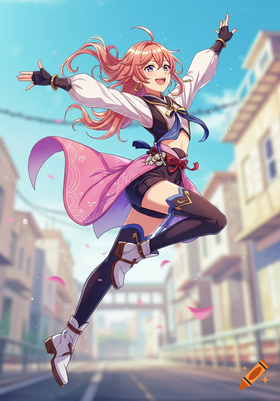 Energetic anime girl with pink hair jumping happily in a sunny street scene.