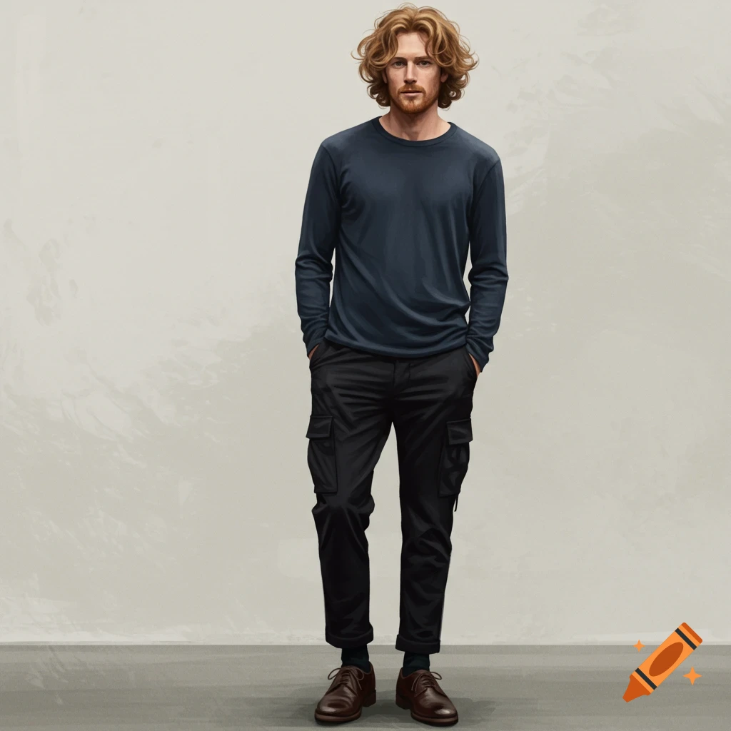 A man with ginger hair and beard, wearing a navy long-sleeved shirt, black cargo pants, and brown shoes, standing against a plain background.