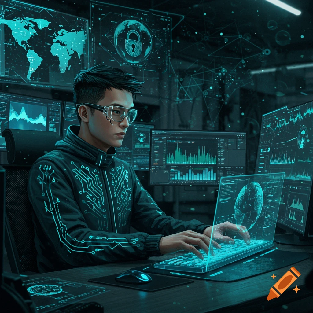 A cyber security engineer in a dark room, wearing glasses and a circuit-patterned jacket, working on a glowing holographic laptop surrounded by multiple monitors displaying data, maps, and a global lock icon.