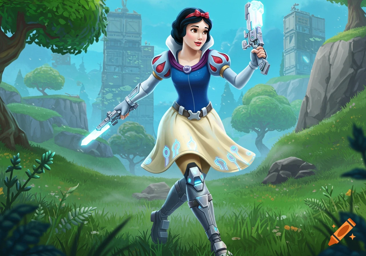 Snow White in a Fortnite-style outfit with futuristic weapons, posing in a vibrant green landscape with sci-fi buildings in the background.