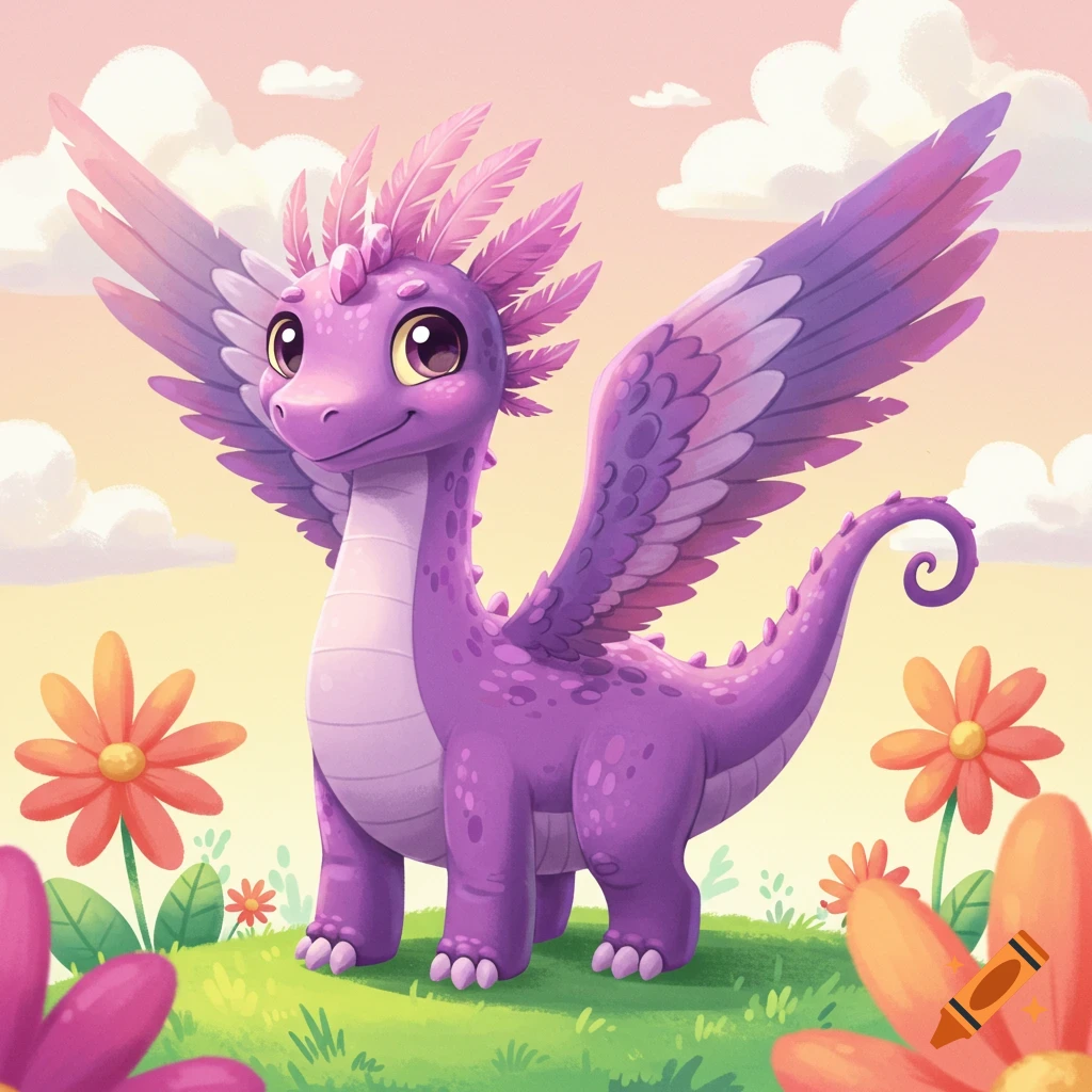 A cute, smiling purple cartoon dinosaur with large feathery wings stands in a green field with colorful flowers under a pastel sky.