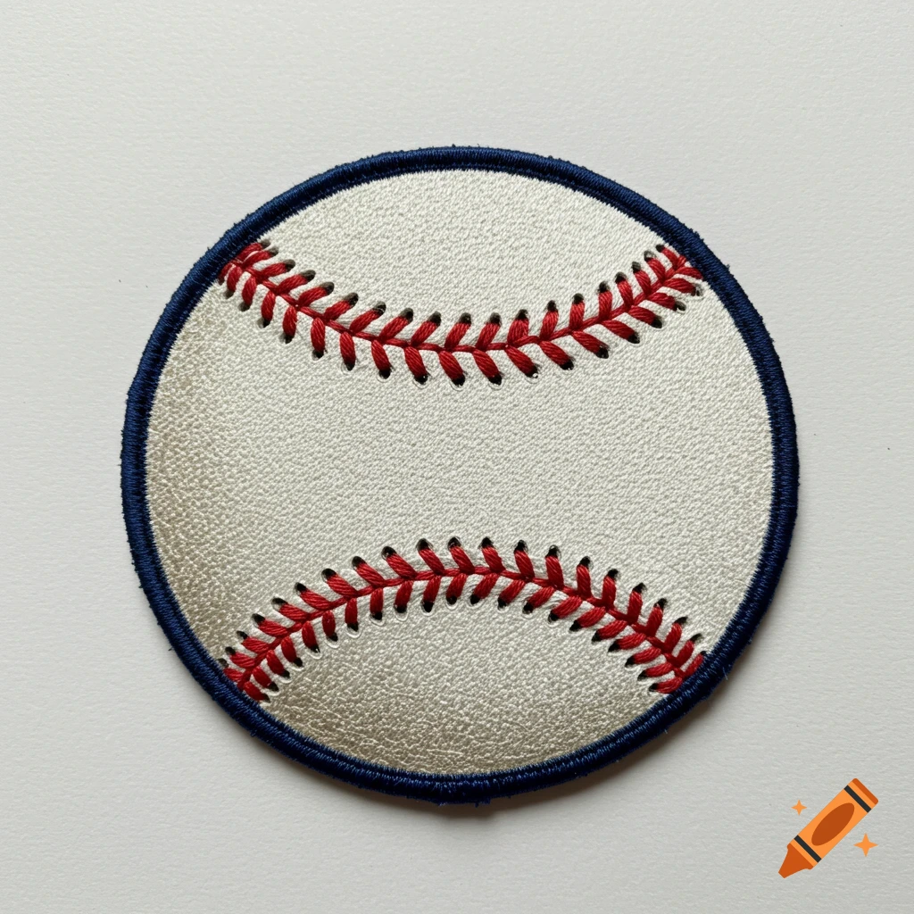 An embroidered baseball iron-on patch, with a white base, red stitches, and a dark blue border, shown on a white background.