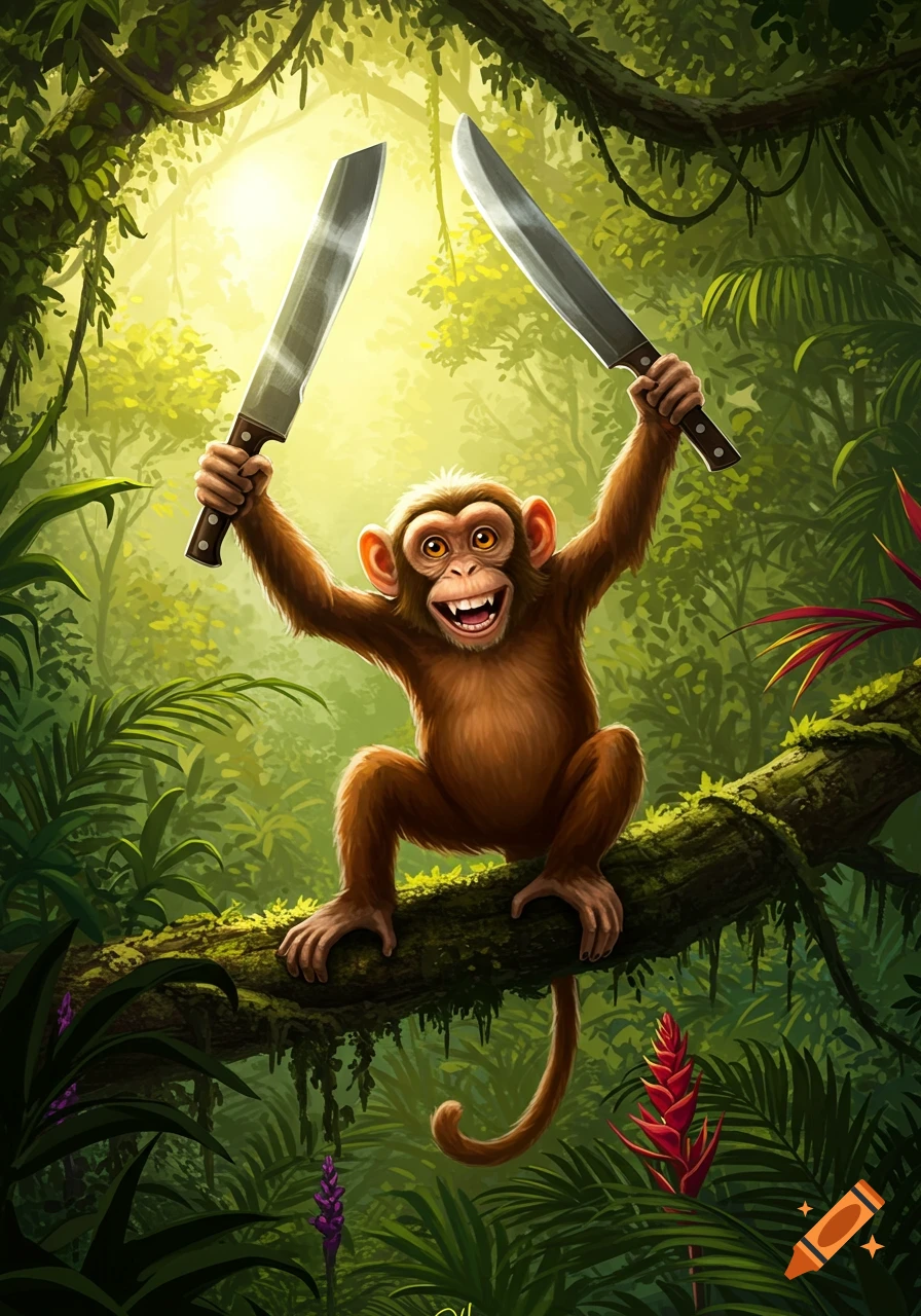 A happy cartoon monkey sits on a jungle branch, holding two large knives above its head in a lush, sunlit environment.