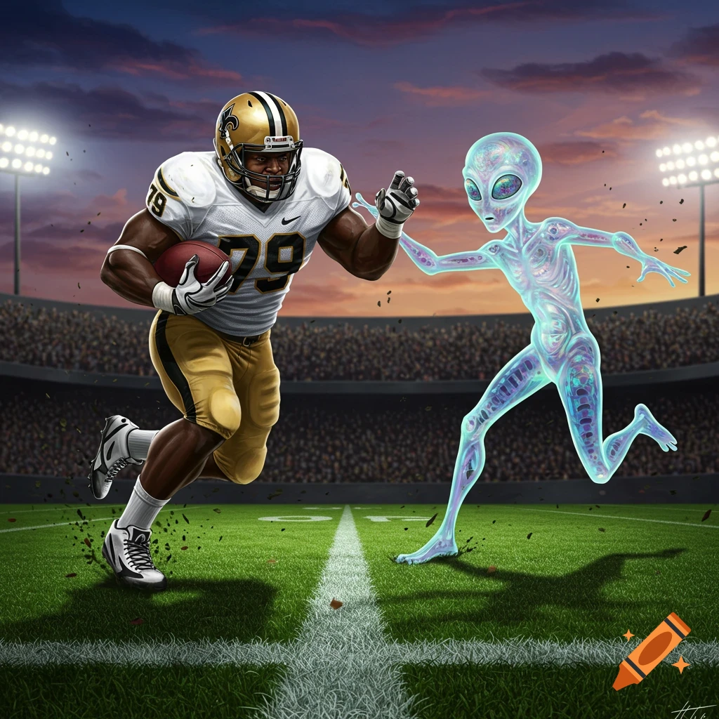 Muscular football player in gold and white uniform with number 79, running with a ball on a stadium field, pursued by a translucent blue alien in an illustrative style.