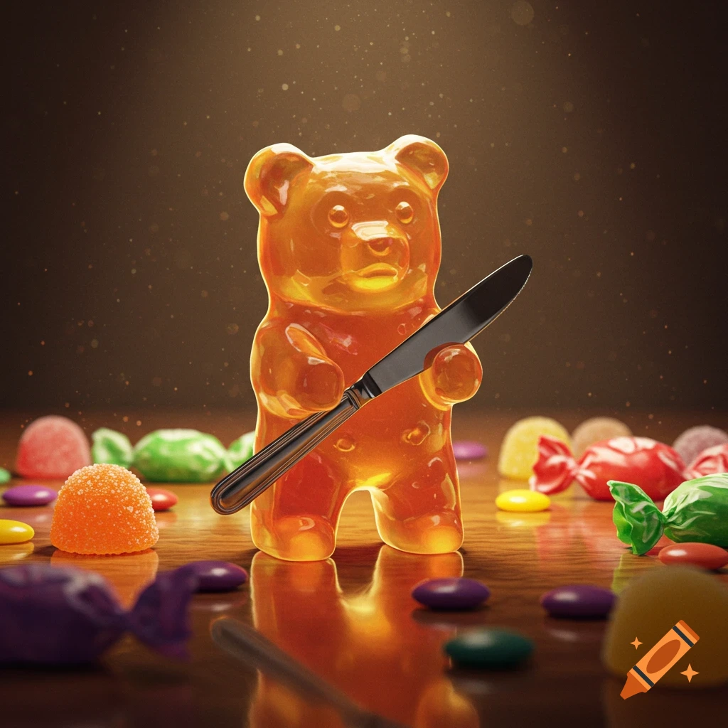 An orange gummy bear holding a butter knife, surrounded by colorful candies on a wooden surface.