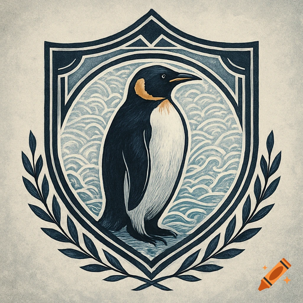 A stylized heraldic crest with a black and white penguin in the center, surrounded by blue wavy lines and a wreath of dark leaves.