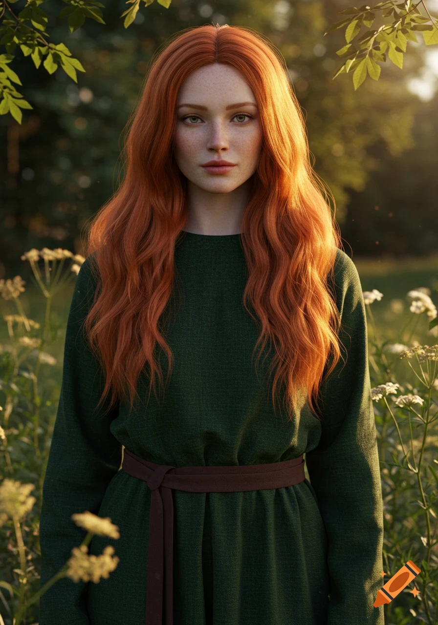 A photorealistic portrait of a woman with long red hair and a dark green dress, standing in a sunlit field.
