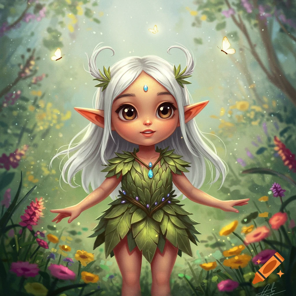 A cute, stylized fantasy elf with long white hair, large brown eyes, and pointed ears, wearing a green leaf dress, stands in a vibrant forest with butterflies and flowers.